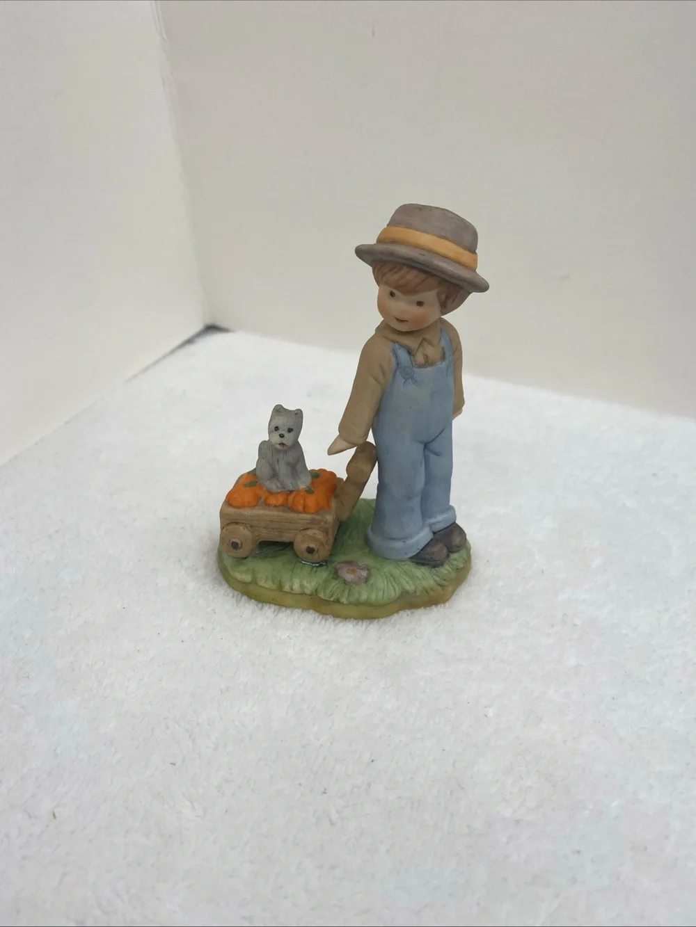 Napcoware Country Cousins Autumn Boy with Wagon of Pumpkins & His Dog Fall Decor